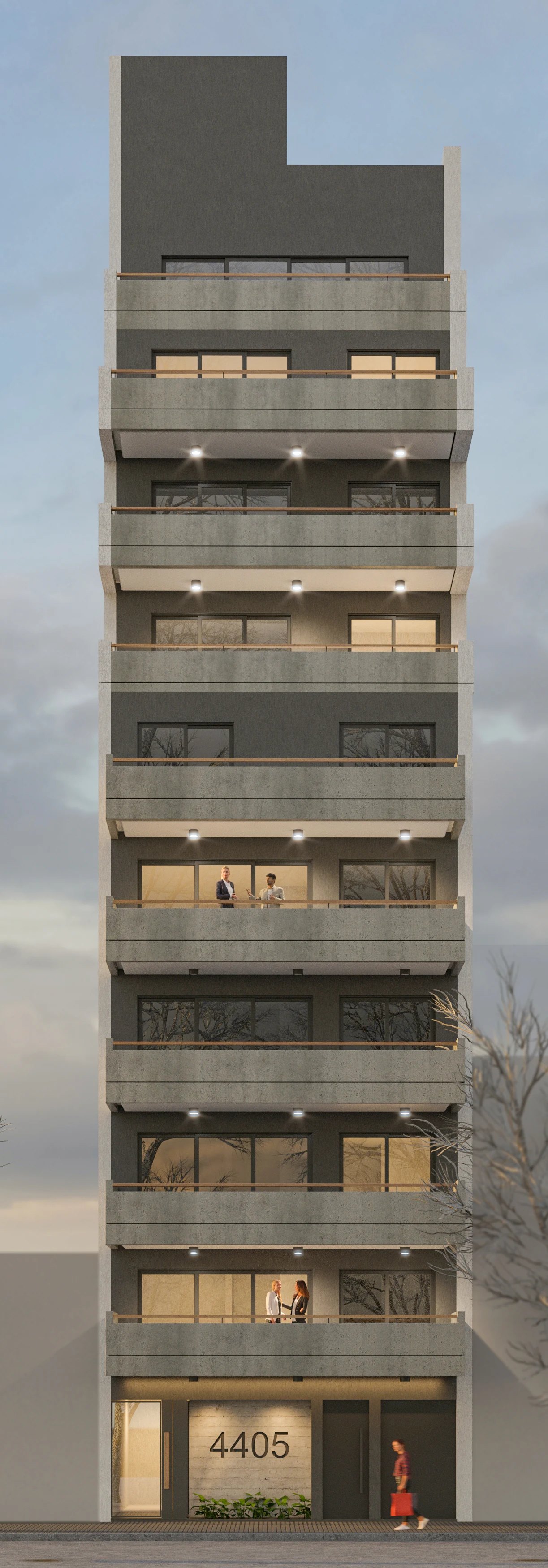 Fachada del edificio, planta baja a noveno piso